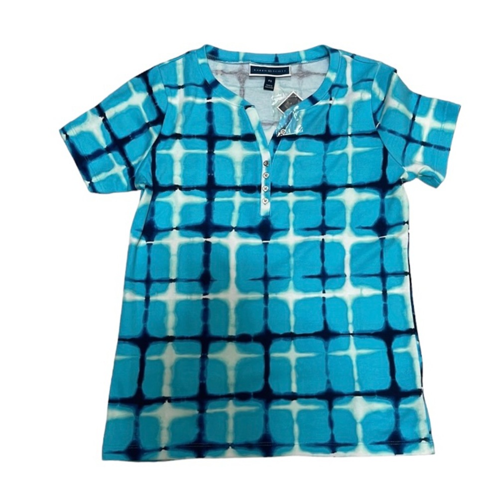 Karen Scott V-neck Front 4 buttons Short Sleeve Top Blue Navy White Stripes